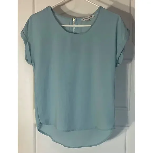 Olive & Oak Green/Blue Cap Sleeve Gold Back Zipper High Low top S - Picture 1 of 6